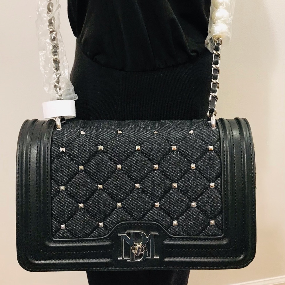 Badgley Mishka black denim, vegan leather adorned with square metal nails bag. - Picture 1 of 15